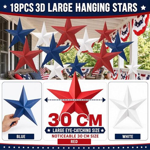 Engrowtic 18 Pcs 12'' 3D Large Patriotic Paper Stars Hanging Decorations 4th of July Red White and Blue Star Decor Outdoor Independence Day Tree Ornaments 250th Anniversary Ceiling Decoration in Kuwait