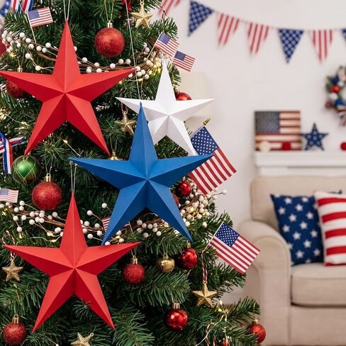 Engrowtic 18 Pcs 12'' 3D Large Patriotic Paper Stars Hanging Decorations 4th of July Red White and Blue Star Decor Outdoor Independence Day Tree Ornaments 250th Anniversary Ceiling Decoration in Kuwait