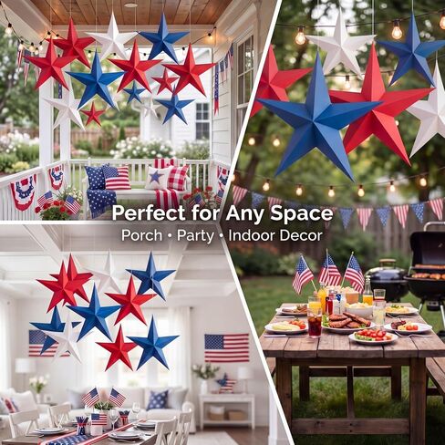 Engrowtic 18 Pcs 12'' 3D Large Patriotic Paper Stars Hanging Decorations 4th of July Red White and Blue Star Decor Outdoor Independence Day Tree Ornaments 250th Anniversary Ceiling Decoration in Kuwait