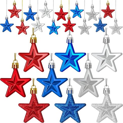24PCS 4th of July Decorations for Tree, Patriotic Star Shaped Ornaments, Pre-Assembled Red Silver and Blue Star Ornaments, 250 Anniversary USA Merchandise for Memorial Day Fourth of July Party Decor in Saudi Arabia