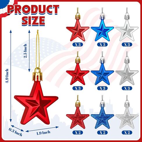 24PCS 4th of July Decorations for Tree, Patriotic Star Shaped Ornaments, Pre-Assembled Red Silver and Blue Star Ornaments, 250 Anniversary USA Merchandise for Memorial Day Fourth of July Party Decor in Saudi Arabia