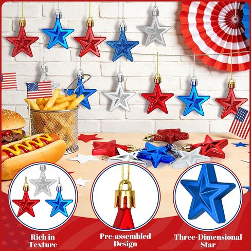 24PCS 4th of July Decorations for Tree, Patriotic Star Shaped Ornaments, Pre-Assembled Red Silver and Blue Star Ornaments, 250 Anniversary USA Merchandise for Memorial Day Fourth of July Party Decor in Saudi Arabia