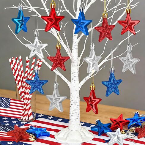 24PCS 4th of July Decorations for Tree, Patriotic Star Shaped Ornaments, Pre-Assembled Red Silver and Blue Star Ornaments, 250 Anniversary USA Merchandise for Memorial Day Fourth of July Party Decor in Saudi Arabia