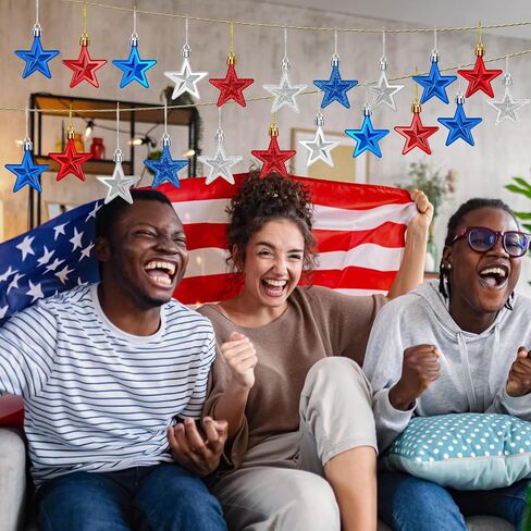 24PCS 4th of July Decorations for Tree, Patriotic Star Shaped Ornaments, Pre-Assembled Red Silver and Blue Star Ornaments, 250 Anniversary USA Merchandise for Memorial Day Fourth of July Party Decor in Saudi Arabia