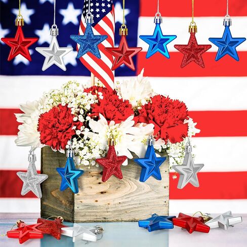 24PCS 4th of July Decorations for Tree, Patriotic Star Shaped Ornaments, Pre-Assembled Red Silver and Blue Star Ornaments, 250 Anniversary USA Merchandise for Memorial Day Fourth of July Party Decor in Saudi Arabia