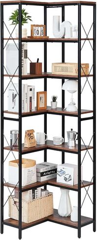 VEVOR 7 Tier Corner Bookshelf, 79" Tall Corner Bookcase with Heavy Duty Metal Frame & Wooden Shelves, Industrial Reversible L Shaped Corner Display Shelf for Bedroom, Living Room, Office in Kuwait