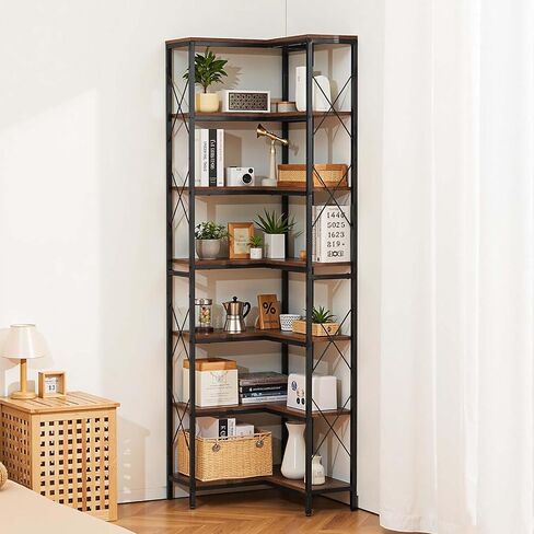 VEVOR 7 Tier Corner Bookshelf, 79" Tall Corner Bookcase with Heavy Duty Metal Frame & Wooden Shelves, Industrial Reversible L Shaped Corner Display Shelf for Bedroom, Living Room, Office in Kuwait