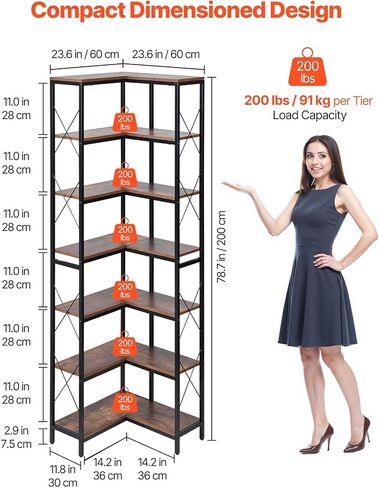 VEVOR 7 Tier Corner Bookshelf, 79" Tall Corner Bookcase with Heavy Duty Metal Frame & Wooden Shelves, Industrial Reversible L Shaped Corner Display Shelf for Bedroom, Living Room, Office in Kuwait