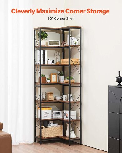 VEVOR 7 Tier Corner Bookshelf, 79" Tall Corner Bookcase with Heavy Duty Metal Frame & Wooden Shelves, Industrial Reversible L Shaped Corner Display Shelf for Bedroom, Living Room, Office in Kuwait