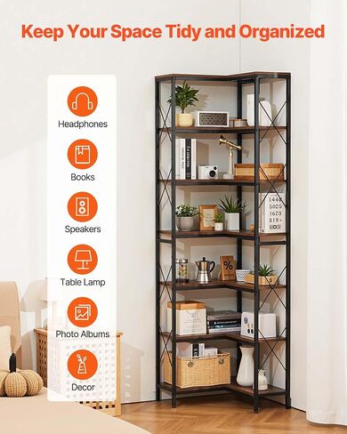 VEVOR 7 Tier Corner Bookshelf, 79" Tall Corner Bookcase with Heavy Duty Metal Frame & Wooden Shelves, Industrial Reversible L Shaped Corner Display Shelf for Bedroom, Living Room, Office in Kuwait