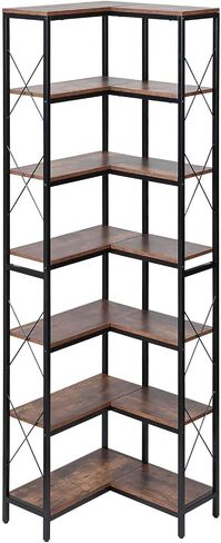 VEVOR 7 Tier Corner Bookshelf, 79" Tall Corner Bookcase with Heavy Duty Metal Frame & Wooden Shelves, Industrial Reversible L Shaped Corner Display Shelf for Bedroom, Living Room, Office in Kuwait