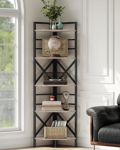 CHOEZON 69.3" Tall Corner Shelf, 5-Tier Large Corner Bookshelf, Tall Corner Bookcase for Bedroom, Living Room, Kitchen, Industrial Engineered Wood Bookshelf, Rustic Brown and Black TCJ15BF in Kuwait
