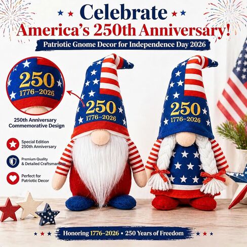 LEKSON 4th of July Decorations Patriotic Gnomes, 250 Anniversary USA Merchandise, Red White and Blue Independence Day Home Table Decor, 1776-2026 Indoor American Gnome Set of 2 in Saudi Arabia