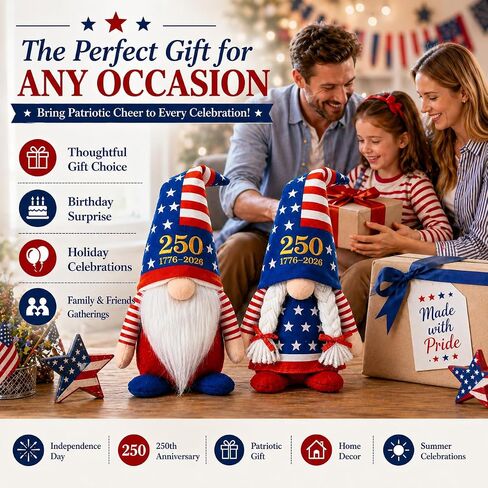 LEKSON 4th of July Decorations Patriotic Gnomes, 250 Anniversary USA Merchandise, Red White and Blue Independence Day Home Table Decor, 1776-2026 Indoor American Gnome Set of 2 in Saudi Arabia