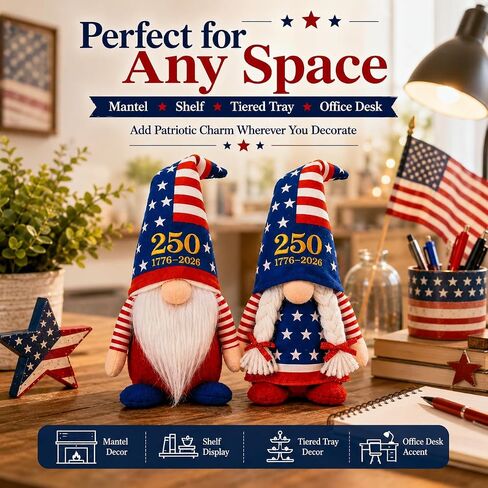 LEKSON 4th of July Decorations Patriotic Gnomes, 250 Anniversary USA Merchandise, Red White and Blue Independence Day Home Table Decor, 1776-2026 Indoor American Gnome Set of 2 in Saudi Arabia
