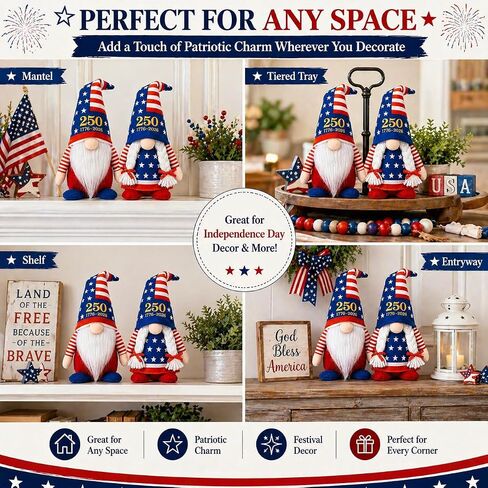 LEKSON 4th of July Decorations Patriotic Gnomes, 250 Anniversary USA Merchandise, Red White and Blue Independence Day Home Table Decor, 1776-2026 Indoor American Gnome Set of 2 in Saudi Arabia