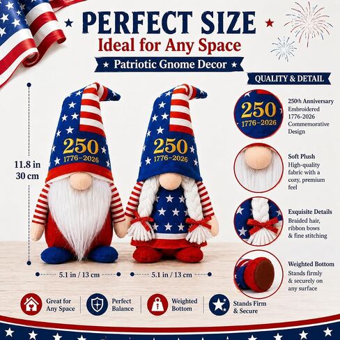 LEKSON 4th of July Decorations Patriotic Gnomes, 250 Anniversary USA Merchandise, Red White and Blue Independence Day Home Table Decor, 1776-2026 Indoor American Gnome Set of 2 in Saudi Arabia