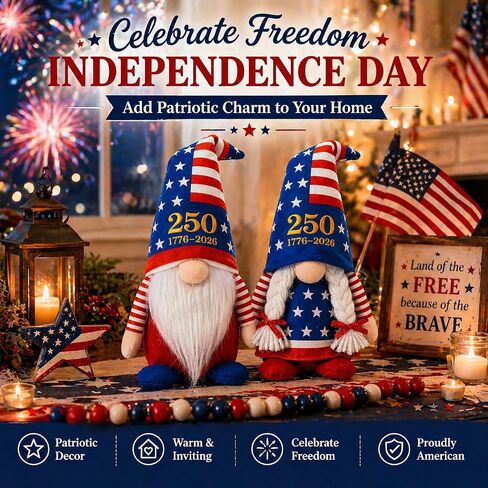 LEKSON 4th of July Decorations Patriotic Gnomes, 250 Anniversary USA Merchandise, Red White and Blue Independence Day Home Table Decor, 1776-2026 Indoor American Gnome Set of 2 in Saudi Arabia