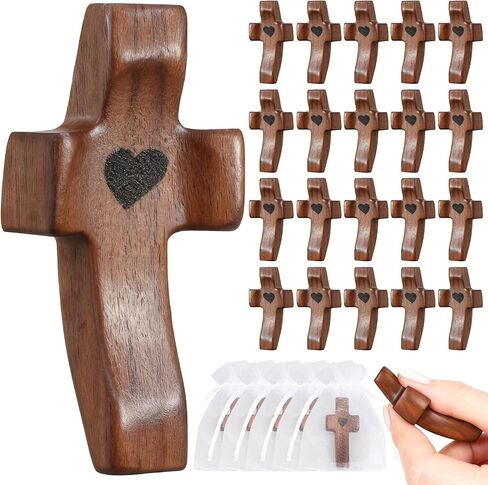 30Pcs Wooden Cross Fidget with Organza Bags Cross My Heart/ Encouragement Gift Handcrafted Walnut Pocket Cross Handheld Prayer Stress Relief Christian Faith Gifts Religious Easter Day Gifts (Brown） in Saudi Arabia