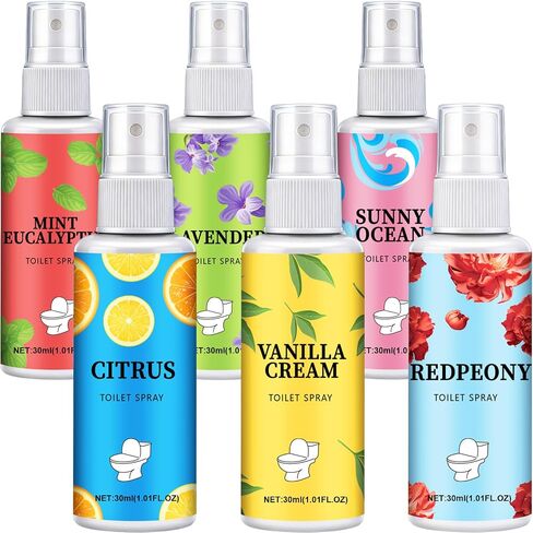 6 Pack Toilet Spray, 6-Scent Bathroom Spray, Freshener Deodorizer for Home, Bathroom Odor Eliminator with Essential Oil, Up to 400 Uses, Travel Essentials Portable Air Freshener (Each 1.01Fl Oz) in Saudi Arabia