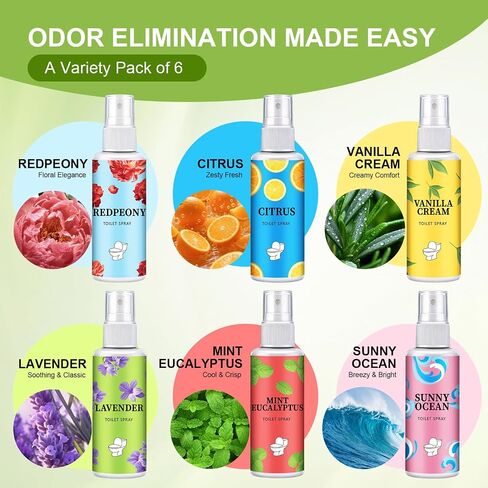 6 Pack Toilet Spray, 6-Scent Bathroom Spray, Freshener Deodorizer for Home, Bathroom Odor Eliminator with Essential Oil, Up to 400 Uses, Travel Essentials Portable Air Freshener (Each 1.01Fl Oz) in Saudi Arabia