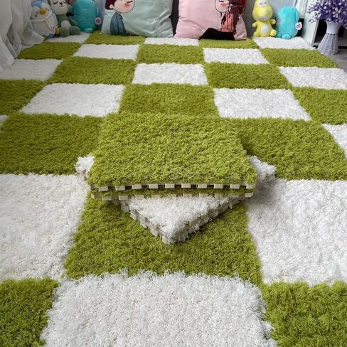 12 Pcs Plush Interlocking Carpet Tiles, Soft Fluffy Interlocking Square Foam Area Rugs Protective Floor Carpet Play Mat for Living Room & Bedroom Playroom (Green) in Kuwait