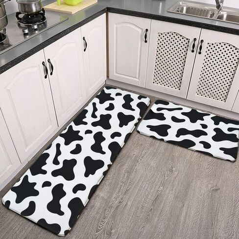Cowhide Milk Cow Print Kitchen Rug Set 2 PCS Floor Mats Washable Non-Slip Soft Flannel Runner Rug Doormat Carpet for Floor Home Bathroom, 17" x 47"+17" x 24"-M in Saudi Arabia