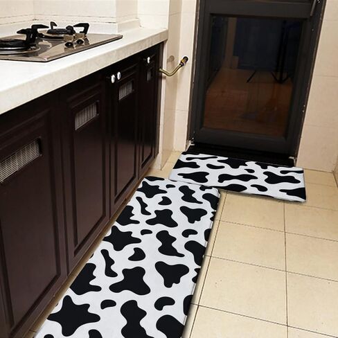 Cowhide Milk Cow Print Kitchen Rug Set 2 PCS Floor Mats Washable Non-Slip Soft Flannel Runner Rug Doormat Carpet for Floor Home Bathroom, 17" x 47"+17" x 24"-M in Saudi Arabia