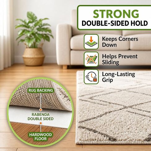 Rabenda Double Sided Carpet Tape for Area Rugs, No Residue Strong Rug Tape Gripper for Hardwood Tile Laminate Floors, Includes Anti Stick Cutter (2in x 10yd) in Saudi Arabia