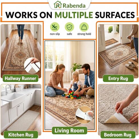 Rabenda Double Sided Carpet Tape for Area Rugs, No Residue Strong Rug Tape Gripper for Hardwood Tile Laminate Floors, Includes Anti Stick Cutter (2in x 10yd) in Saudi Arabia