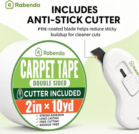 Rabenda Double Sided Carpet Tape for Area Rugs, No Residue Strong Rug Tape Gripper for Hardwood Tile Laminate Floors, Includes Anti Stick Cutter (2in x 10yd) in Saudi Arabia