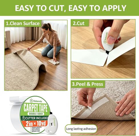 Rabenda Double Sided Carpet Tape for Area Rugs, No Residue Strong Rug Tape Gripper for Hardwood Tile Laminate Floors, Includes Anti Stick Cutter (2in x 10yd) in Saudi Arabia