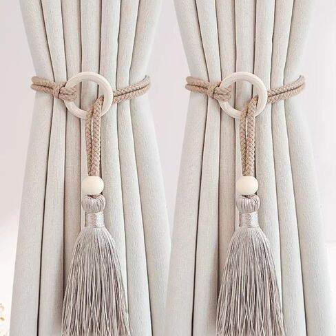 2 PCS Curtain Tiebacks, Minimalist Light Luxury Wooden Ring Tassel Woven Rope Curtain Holdbacks for Home Decor (Off-White, Style A) in Saudi Arabia