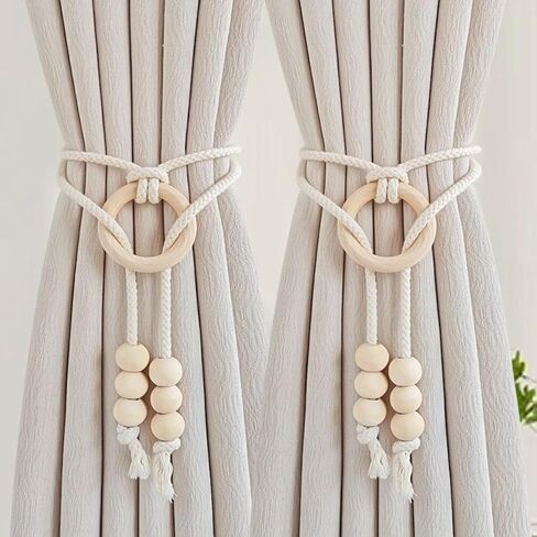 2 PCS Curtain Tiebacks, Minimalist Light Luxury Wooden Ring Tassel Woven Rope Curtain Holdbacks for Home Decor (Off-White, Style A) in Saudi Arabia