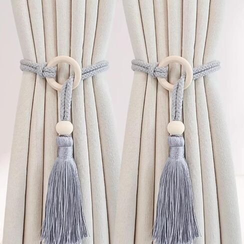 2 PCS Curtain Tiebacks, Minimalist Light Luxury Wooden Ring Tassel Woven Rope Curtain Holdbacks for Home Decor (Off-White, Style A) in Saudi Arabia