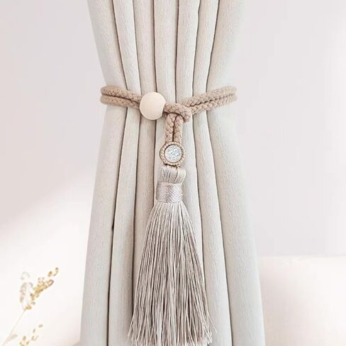 2 PCS Curtain Tiebacks, Minimalist Light Luxury Wooden Ring Tassel Woven Rope Curtain Holdbacks for Home Decor (Off-White, Style A) in Saudi Arabia