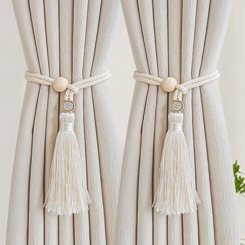 2 PCS Curtain Tiebacks, Minimalist Light Luxury Wooden Ring Tassel Woven Rope Curtain Holdbacks for Home Decor (Off-White, Style A) in Saudi Arabia