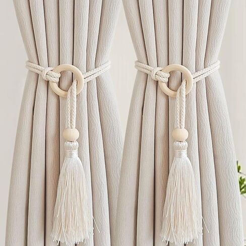2 PCS Curtain Tiebacks, Minimalist Light Luxury Wooden Ring Tassel Woven Rope Curtain Holdbacks for Home Decor (Off-White, Style A) in Saudi Arabia
