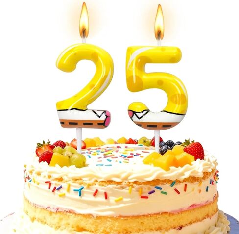 25th Birthday Candle, Yellow Number 25 Cake Candle, Cartoon Sponge Dot Print Cake Topper, Birthday Party Cake Decoration for Women Men in Saudi Arabia