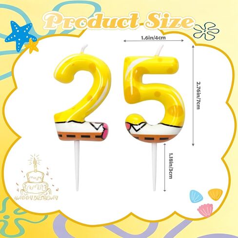 25th Birthday Candle, Yellow Number 25 Cake Candle, Cartoon Sponge Dot Print Cake Topper, Birthday Party Cake Decoration for Women Men in Saudi Arabia