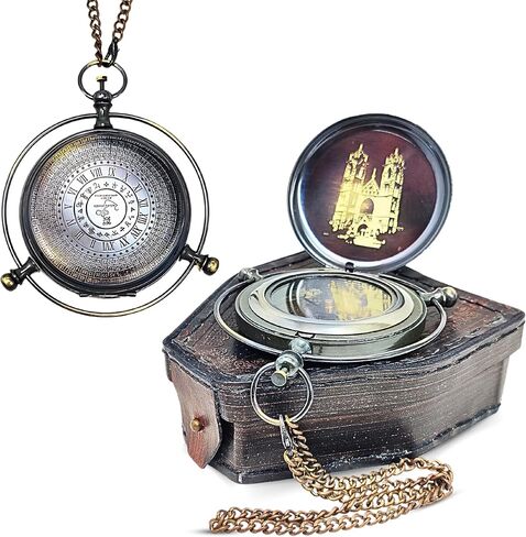 LAVILLA DECORE Antique Brass Sundial Compass - Unique Sundial Clock in Leather Case - 25th, 20th Wedding Gift for Husband or Wife | Sun Clock Ship Replica in Saudi Arabia