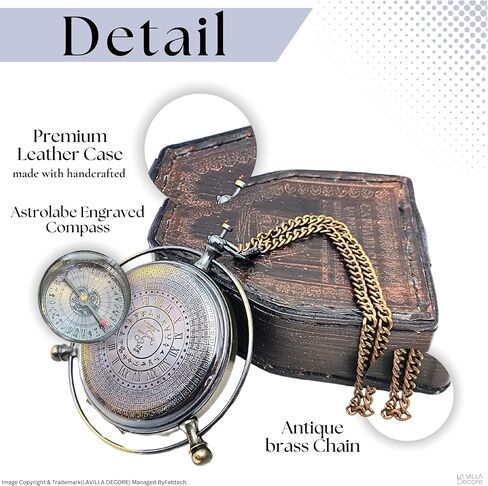 LAVILLA DECORE Antique Brass Sundial Compass - Unique Sundial Clock in Leather Case - 25th, 20th Wedding Gift for Husband or Wife | Sun Clock Ship Replica in Saudi Arabia
