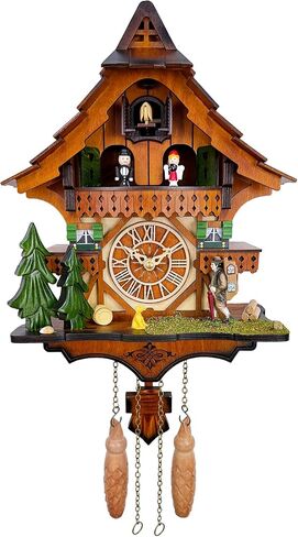 Cuckoo Clock with Rotating Dancers on Balcony – Hand‑Carved Black Forest Chalet, 12 Melodies, Volume Control, Night Mode, Precise Quartz, Battery Operated Wall Decor Gift in Kuwait