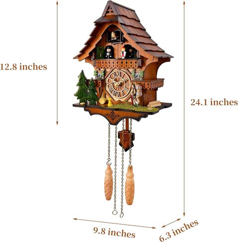 Cuckoo Clock with Rotating Dancers on Balcony – Hand‑Carved Black Forest Chalet, 12 Melodies, Volume Control, Night Mode, Precise Quartz, Battery Operated Wall Decor Gift in Kuwait