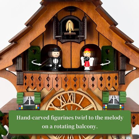 Cuckoo Clock with Rotating Dancers on Balcony – Hand‑Carved Black Forest Chalet, 12 Melodies, Volume Control, Night Mode, Precise Quartz, Battery Operated Wall Decor Gift in Kuwait