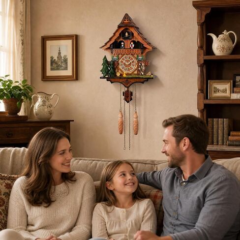Cuckoo Clock with Rotating Dancers on Balcony – Hand‑Carved Black Forest Chalet, 12 Melodies, Volume Control, Night Mode, Precise Quartz, Battery Operated Wall Decor Gift in Kuwait