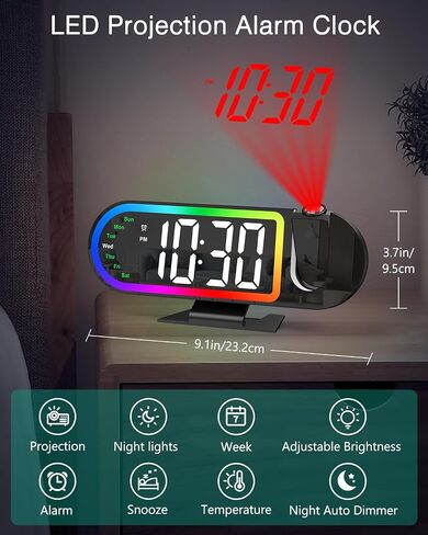 ORIA Projection Alarm Clocks for Bedrooms, 8.5" Digital Clock with 180° Rotatable Projector, 17 RGB Night Light & 3-Level Dimmer, Snooze, Temperature, for Home, Bedside, Ceiling, Wall in Kuwait