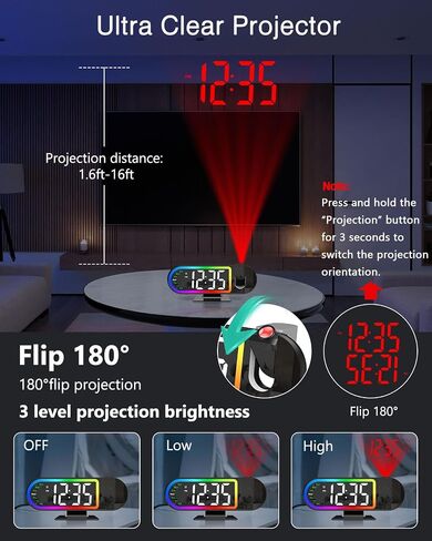 ORIA Projection Alarm Clocks for Bedrooms, 8.5" Digital Clock with 180° Rotatable Projector, 17 RGB Night Light & 3-Level Dimmer, Snooze, Temperature, for Home, Bedside, Ceiling, Wall in Kuwait