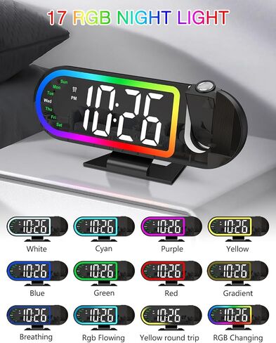 ORIA Projection Alarm Clocks for Bedrooms, 8.5" Digital Clock with 180° Rotatable Projector, 17 RGB Night Light & 3-Level Dimmer, Snooze, Temperature, for Home, Bedside, Ceiling, Wall in Kuwait