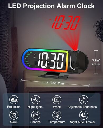 Projection Alarm Clocks for Bedrooms, 2026 New 8.5" Large LED Display Digital Clock with 180° Rotatable Projector, 3 Brightness, 17 RGB Night Light, Snooze, Temp, USB Charger for Home in Saudi Arabia